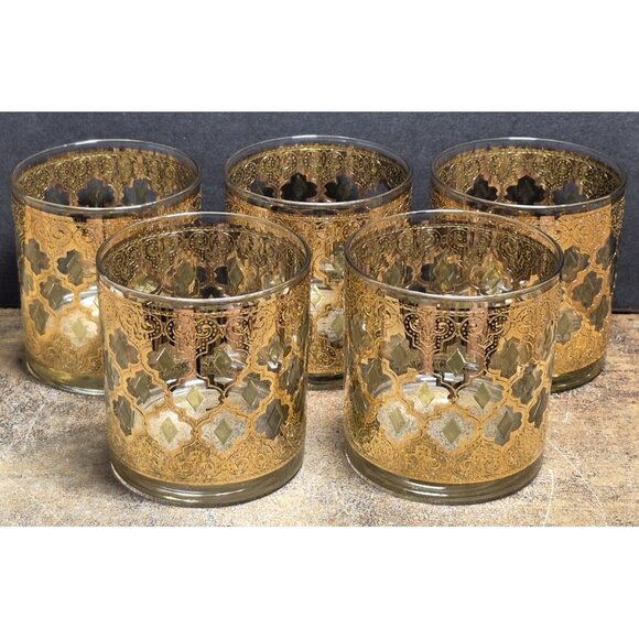 Vtg MCM Barware Culver VALENCIA 22k Lowball 10oz  Glasses Set 5 Gold/Green - Picture 1 of 16